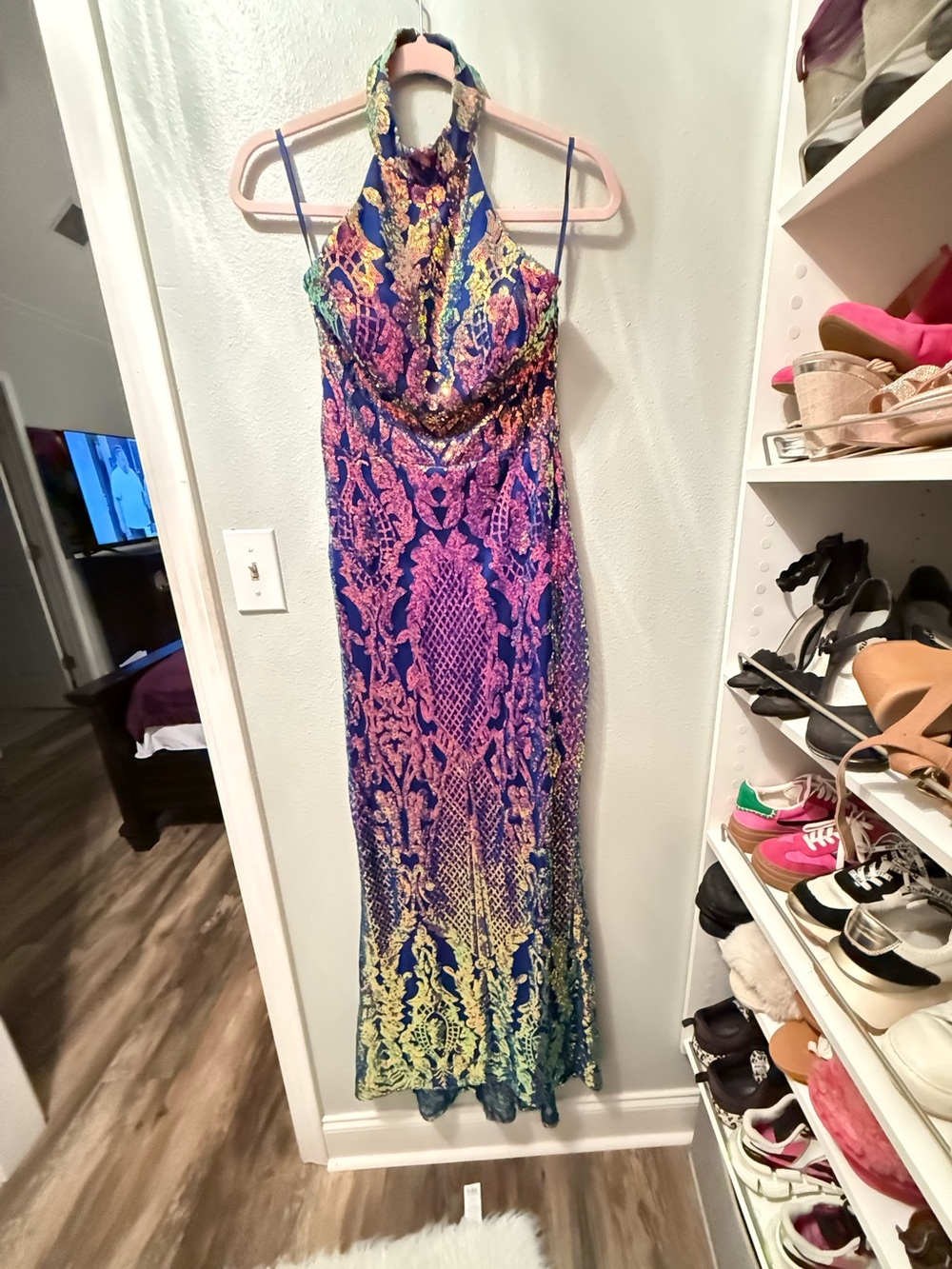 Halter Maxi Dress in Multicolor Lace-Effect Print